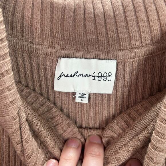 Off Shoulder Camel Sweater Dress M Ribbed Knit Long Sleeve Fall Midi - Picture 2 of 7